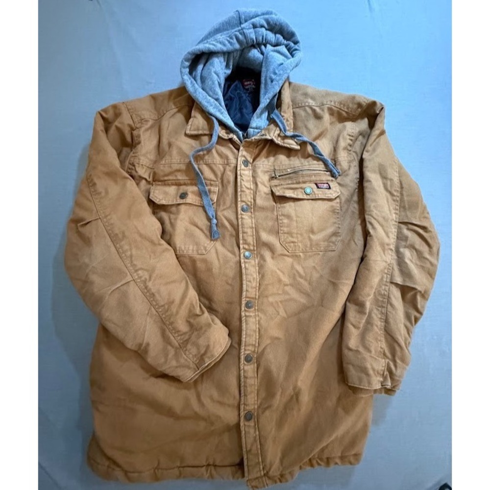 Wrangler Workwear Chore Jacket‎ Adult XL Beige Quilted Snap Zip Pocket Hooded.